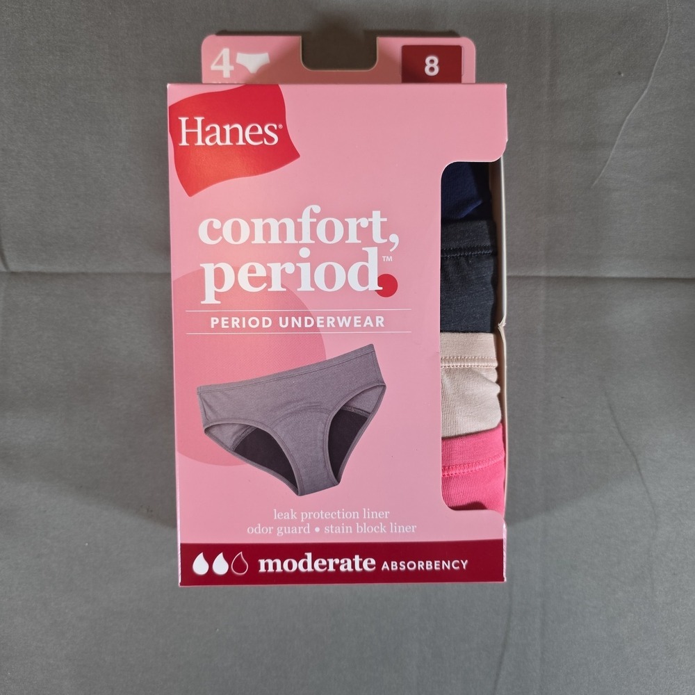 Hanes‎ Girls Comfort Period Underwear 4 Pack Moderate Absorbency Hipsters Size 8